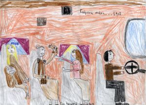 Ζωγραφιά της Εύης εμπνευσμένη από την εκδήλωση που ετοιμάζουμε με τίτλο "Επόμενη στάση...1961" σε κείμενο-διαλόγους της Γιούλης Αποκατανίδου.