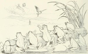 Χαρακτικό του Randolph Caldecott (1846-86) εμπνευσμένο από τον μύθο του Αισώπου "Οι βάτραχοι που ζητούσαν βασιλιά" 